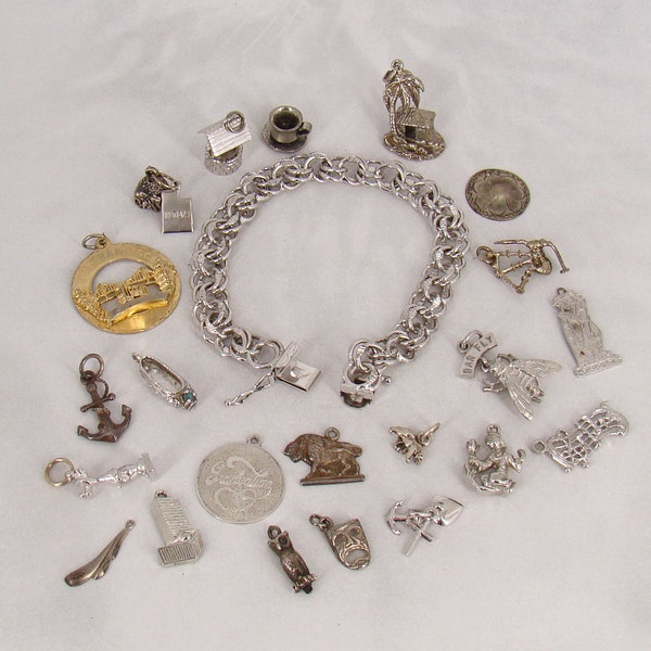 Charm Starter Bracelet 925 Sterling - 22 Vintage Charms Most Sterling Bar Fly Bagpipes Anchor - L