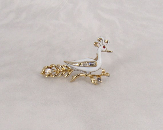 Rare Coro Peacock Bird Brooch White Enamel & Rhin… - image 2