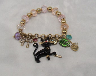 Betsey Johnson Moroccan Adventures Black Cat Vintage Stretch Bracelet Signed Beauty