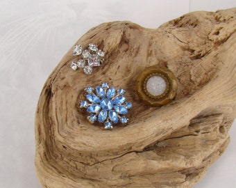 Teeny Tiny Brooches x 3 - Wee Vintage Rhinestone & Button Style Pins - PLUS a Bonus!