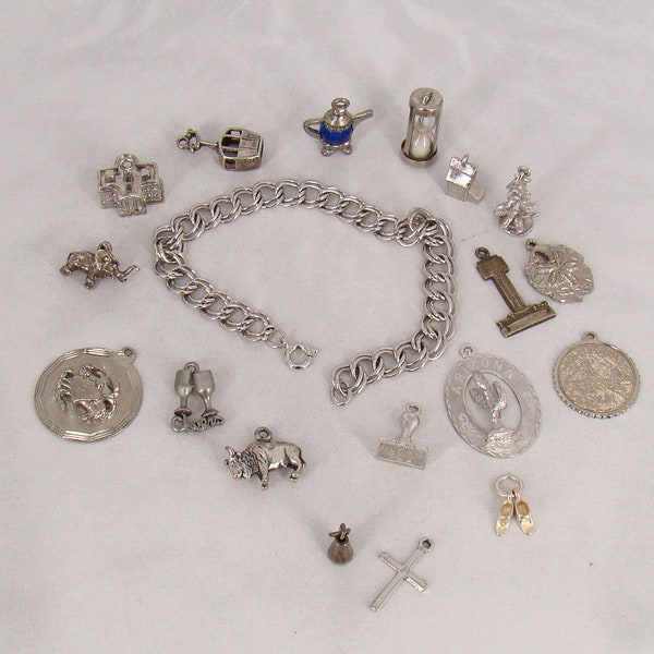 Charm Starter Bracelet 925 Sterling - 18 Vintage Charms Most Sterling Hourglass White House Dutch Clogs - H