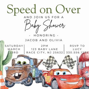 May include: A baby shower invitation with the text "Speed on Over" and "Baby Shower". The invitation features watercolor illustrations of cartoon cars, cacti, and checkered flags. The event is for Jacob and Olivia.