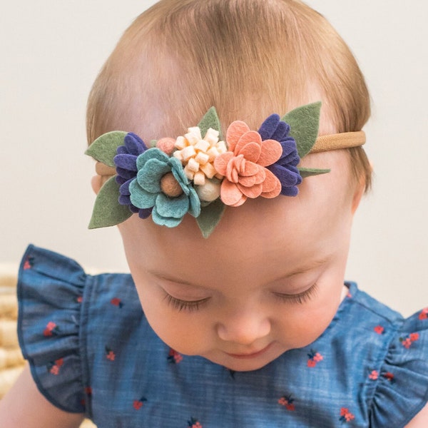 Spring Felt Flower Crown, Easter Petite Floral Headband, Newborn Baby Infant Toddler Girls Headpiece, Photo Shoot Prop, Stretchy Nylon Band