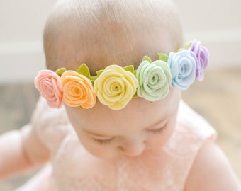 Pastel Rainbow Flower Headband, Rainbow Baby Headband, Felt Flower Rose Headpiece, Stretchy Headband, Infant Floral Crown, First Birthday