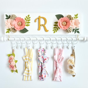 Headband Holder with Bar or Hooks, Personalized Bow Organizer, Choose Flower Colors, Jewelry Display, Baby Bow Storage, Girls Floral Nursery