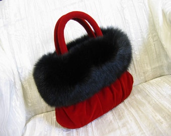 Garnet Red Velvet Evening Bag trimmed in Black Fox Fur - FIT FOR A QUEEN!