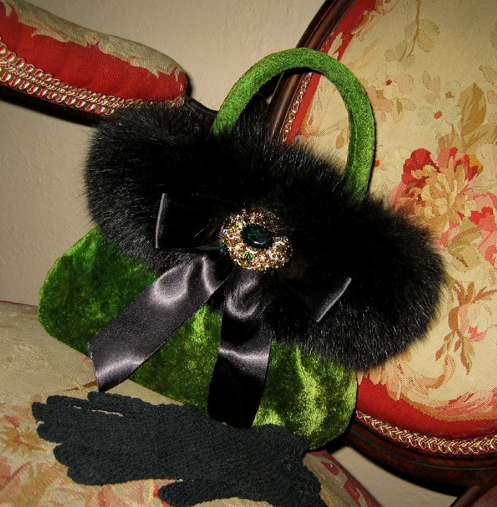 Emerald Green Velvet Evening Bag With Black Fox Trim Satin - Etsy