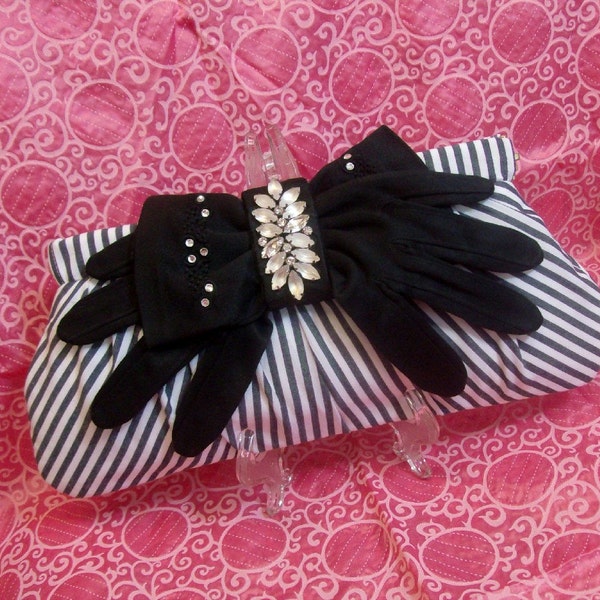 RESERVED FOR LAUREN  -  Schiaparelli-Inspired Whimsical Clutch with Vintage Glove Style Bow and Vintage Rhinestone Brooch