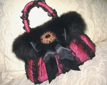 Black Evening Bag with Tulle, Trimmed in Black Fox Fur, Satin Noir Bow and Vintage Rhinestone Brooch