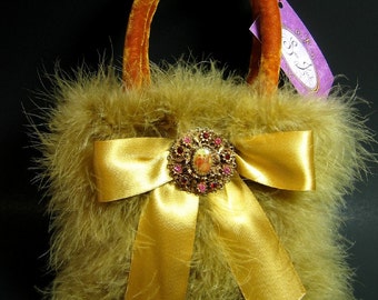 Amber Topaz Gold Velvet Evening Bag with Gold Feathers, Satin Bow and Vintage Brooch