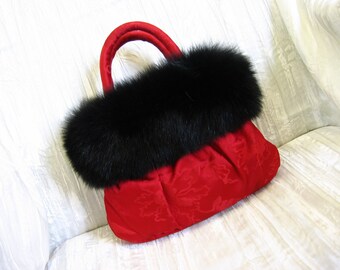 Red Silk Damask Evening Bag with Black Fox Trim Top Handle