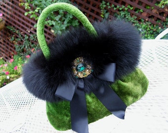 Emerald Green Velvet Evening Bag with Black Fox Trim, Satin Noir Bow and Vintage Rhinestone and Pearl Brooch, FIT FOR A QUEEN