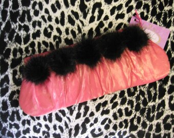 Evening Clutch in Hot Pink and Gold Metallic Silk Fabric with Black Mink Roses