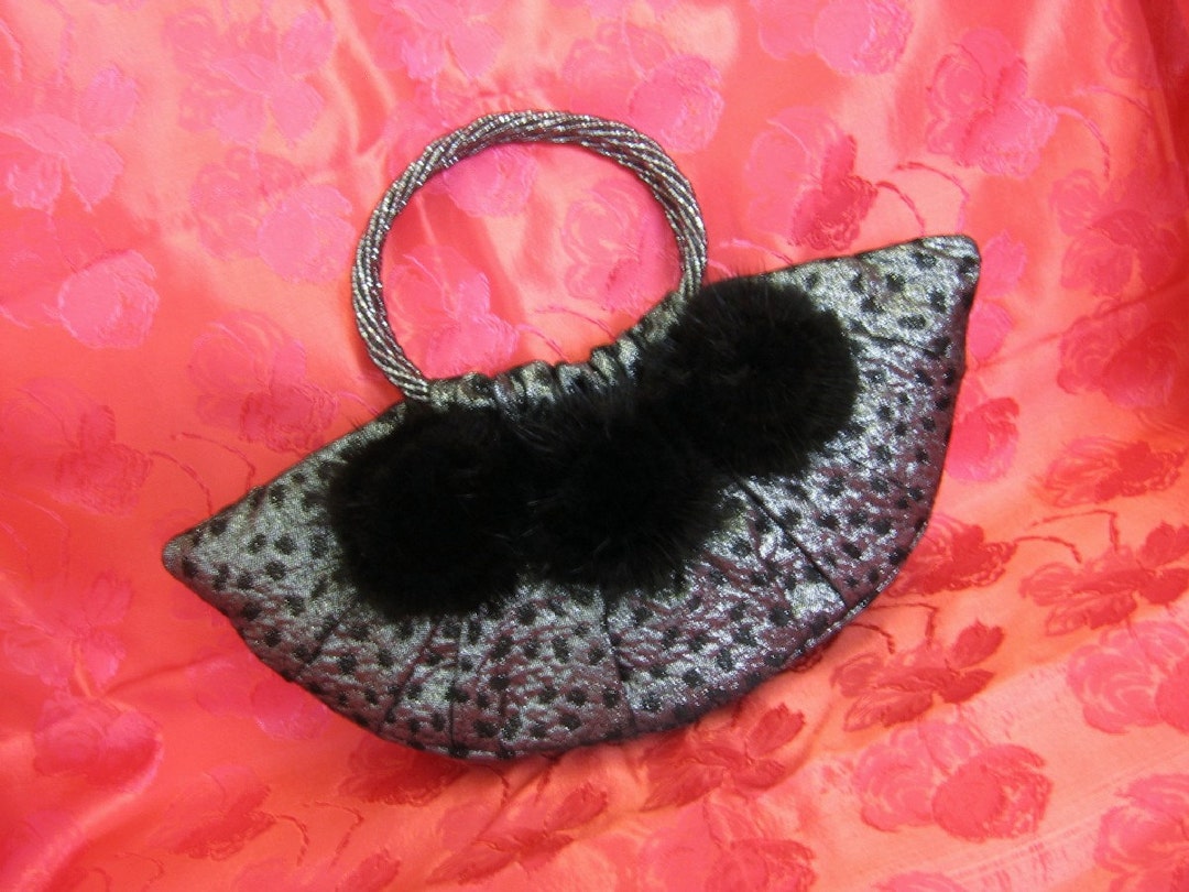 Black and Silver Leopard Print Evening Bag Decorated With Black Mink