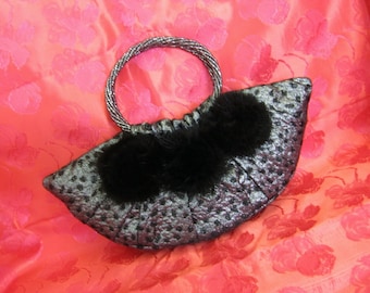 Black and Silver Leopard Print Evening Bag decorated with Black Mink Roses and Handmade Smokey Beaded Handles