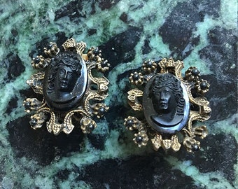 Black Cameo Clip On Earrings