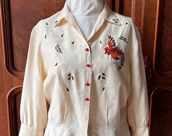 Vintage Silk Blouse with Embroidered Bird