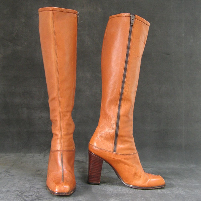 Vintage Leather Caramel Colored High Heeled Boots image 1