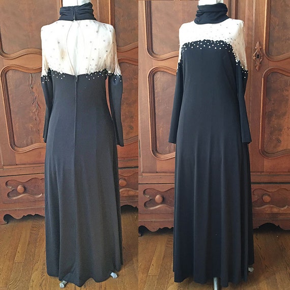 Long Black Diamond Studded Neckline Dress 1970's - image 10