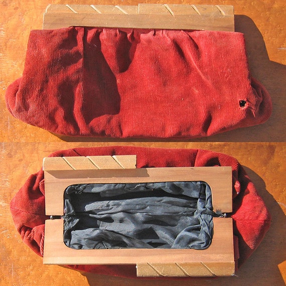 Clutch Bag Corduroy Fabric and Wood Handle - image 1