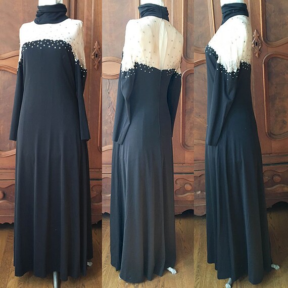 Long Black Diamond Studded Neckline Dress 1970's - image 2