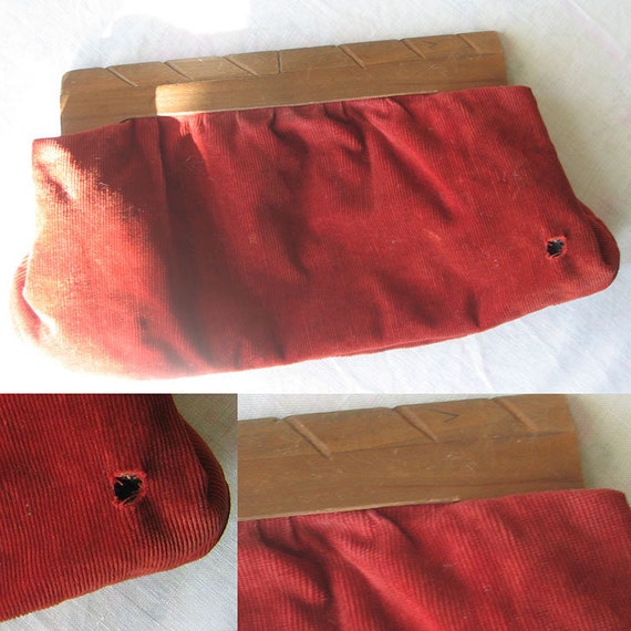 Clutch Bag Corduroy Fabric and Wood Handle - image 3