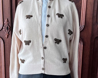 Vintage Cashmere Cardigan Sweater Beaded Butterflies