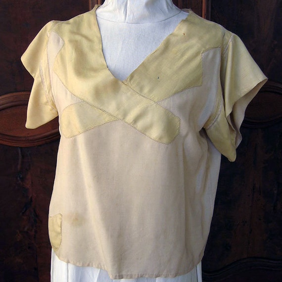 Vintage Blouse Yellow and Cream Silk with Hemstit… - image 1