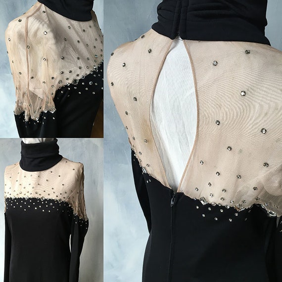 Long Black Diamond Studded Neckline Dress 1970's - image 8