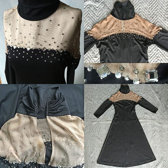 Long Black Diamond Studded Neckline Dress 1970's - image 4