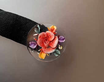 Vintage Black Suede Belt Round Floral Buckle