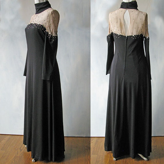 Long Black Diamond Studded Neckline Dress 1970's - image 1