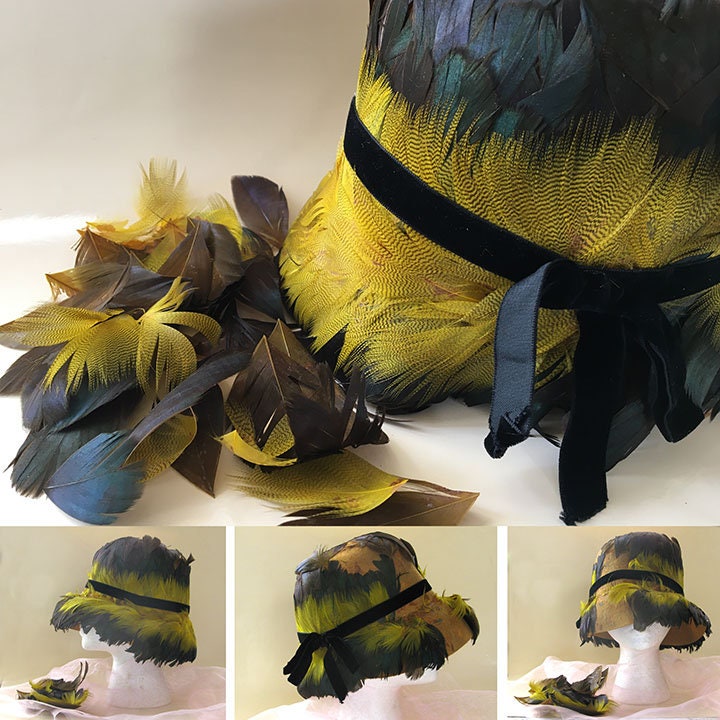 RARE Christine Original NY Vintage Retro Multicolor Green Yellow Red Feather Hat Vintage Christine Original Park Avenue New York pheasant  main image 2