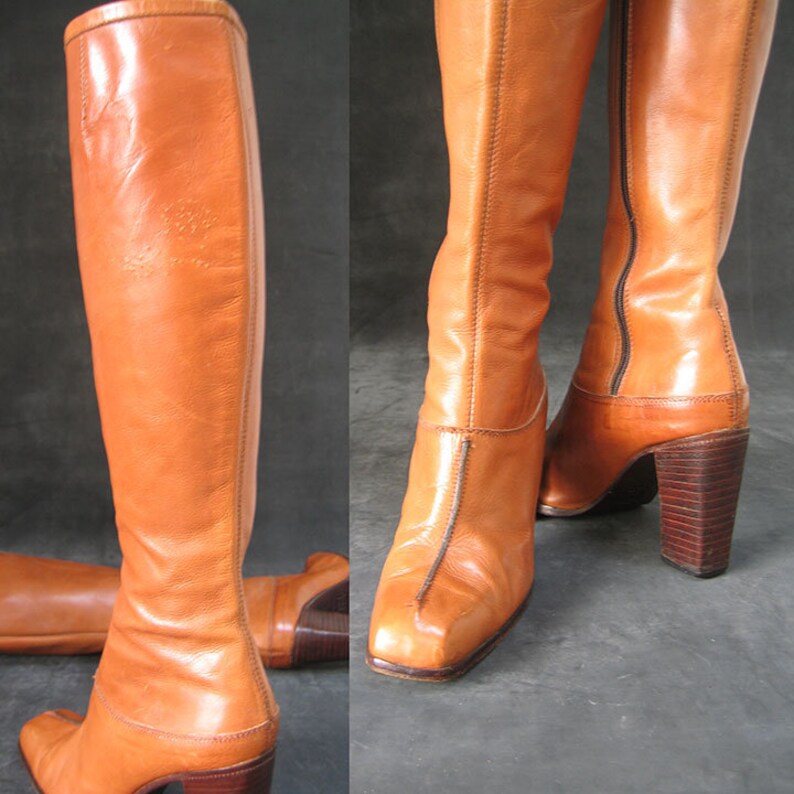 Vintage Leather Caramel Colored High Heeled Boots image 6