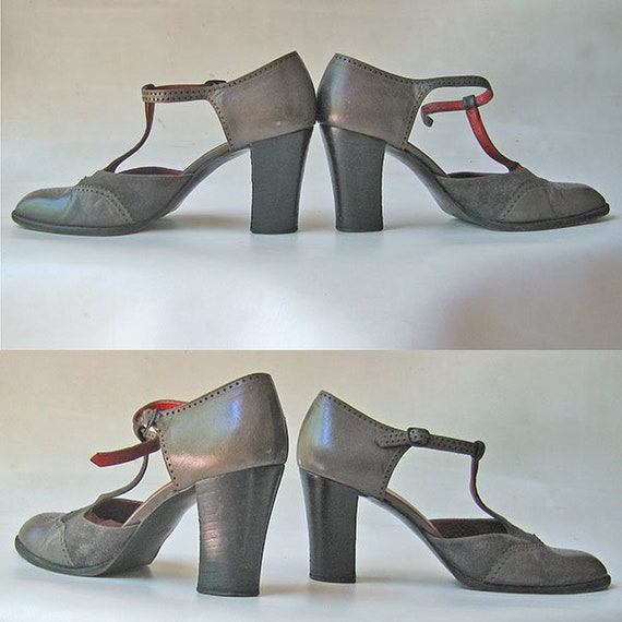 YSL Grey Spectator T-Strap Suede and Leather Heels - image 3