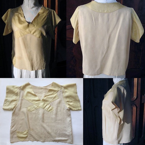 Vintage Blouse Yellow and Cream Silk with Hemstit… - image 2