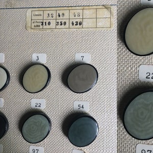 May include: A selection of oval buttons in shades of cream, grey, and teal, each with a black border. The buttons are arranged on a textured, off-white surface. Numbers are printed on the surface, and a price list is visible in the upper left corner.