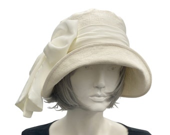 Summer Cloche Hat, Wedding Hat in Cream Linen Hat with Chiffon Bow Scarf, or Choose Your Color, Handmade in the USA