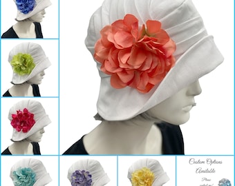 Summer Cloche Hat, 1930s Hat, Unique Design Handmade in White Linen with Pretty Hydrangea Flower Brooch, Gatsby Wedding