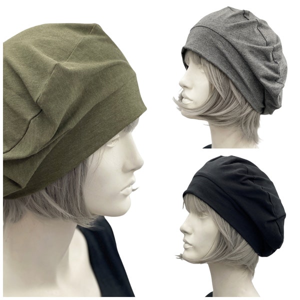 Summer Beret, Olive Green Black or Gray, Cotton Jersey Hat, Chemo Headwear, Satin Lined Hat, Handmade in USA