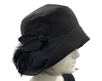 Rain Hat, Cloche Hat Women, 1920s Style, Removable Feather and Button Brooch, Showerproof Hat, Handmade in the USA