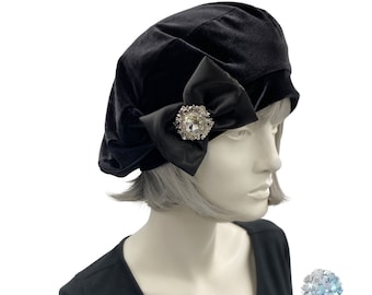 Velvet Beret, Black Velvet Hat, Finished with a Satin Bow and Rhinestone Embellishment, Satin Lined Chemo Headwear, Handmade in USA