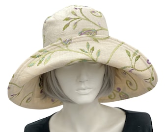 Summer Cloche Hat, Wide Brim Hat, Size Medium, Ready to Ship, Floral Linen Wedding Hats, Handmade in the USA