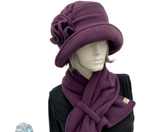 Satin Lined Winter Hat, Cloche Hat Women, Unique and Elegant Fleece Hat and Scarf Set, Eggplant or Black, Handmade in the USA