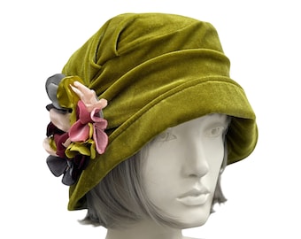 1930s Hat, Velvet Cloche Hat in Chartreuse Velvet with Multi Color Hydrangea Brooch, Handmade in the USA