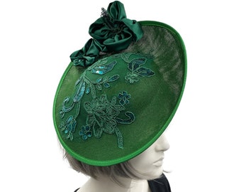 Green Fascinator Hat, with Sequin Appliqué and Satin Flowers, Kentucky Derby Hats for Women, Limited Edition, Handmade in the USA