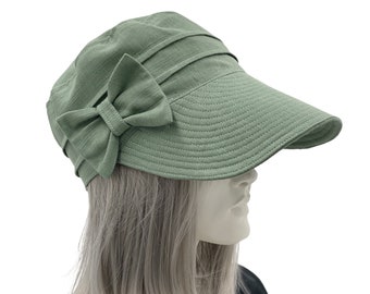 Cadet Cap with Wide Peak, Green Linen Sun Hats Women or Choose Your Color, Small Business, Handmade in USA