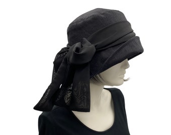 Cloche Hat Women, Black Linen Hat with Chiffon Bow Scarf, Chemo Headwear, Handmade in the USA