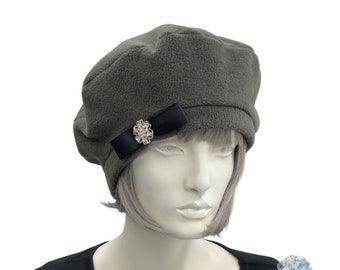 Gray Fleece Beret, Last Minute Gift, Ready to Ship, Satin Lined Hat,  Bow and Rhinestone Button, Beret Hats For Women, Handmade in the USA