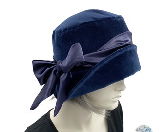 Velvet Cloche Hat, Navy Blue, 1920s Flapper Hat, Satin Lined Womens Hat, Satin Bow, Ready to Ship Size Small, Chemo Headwear, Handmade USA